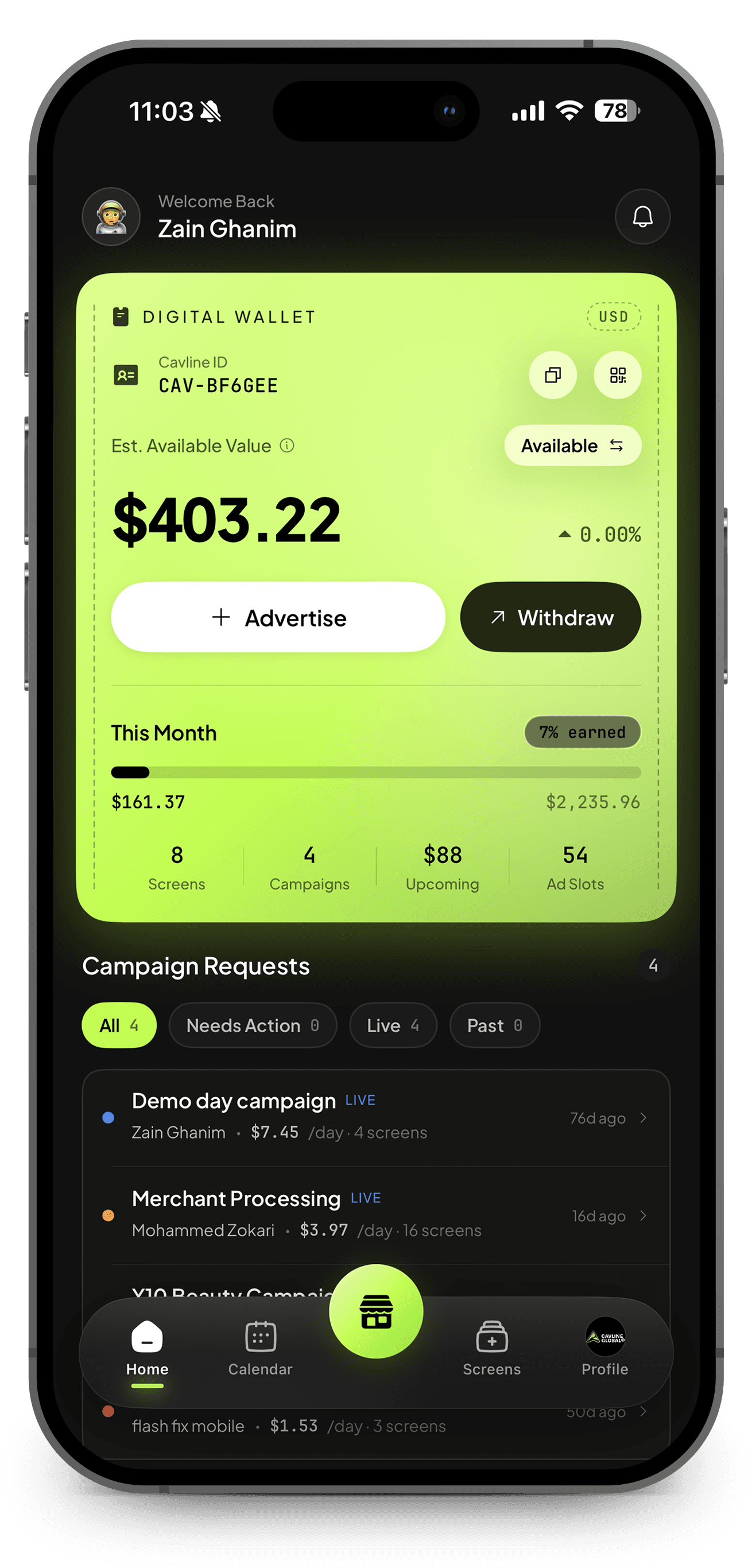 Cavline host dashboard on an iPhone: a digital wallet showing the available balance, monthly earnings, and live campaign requests