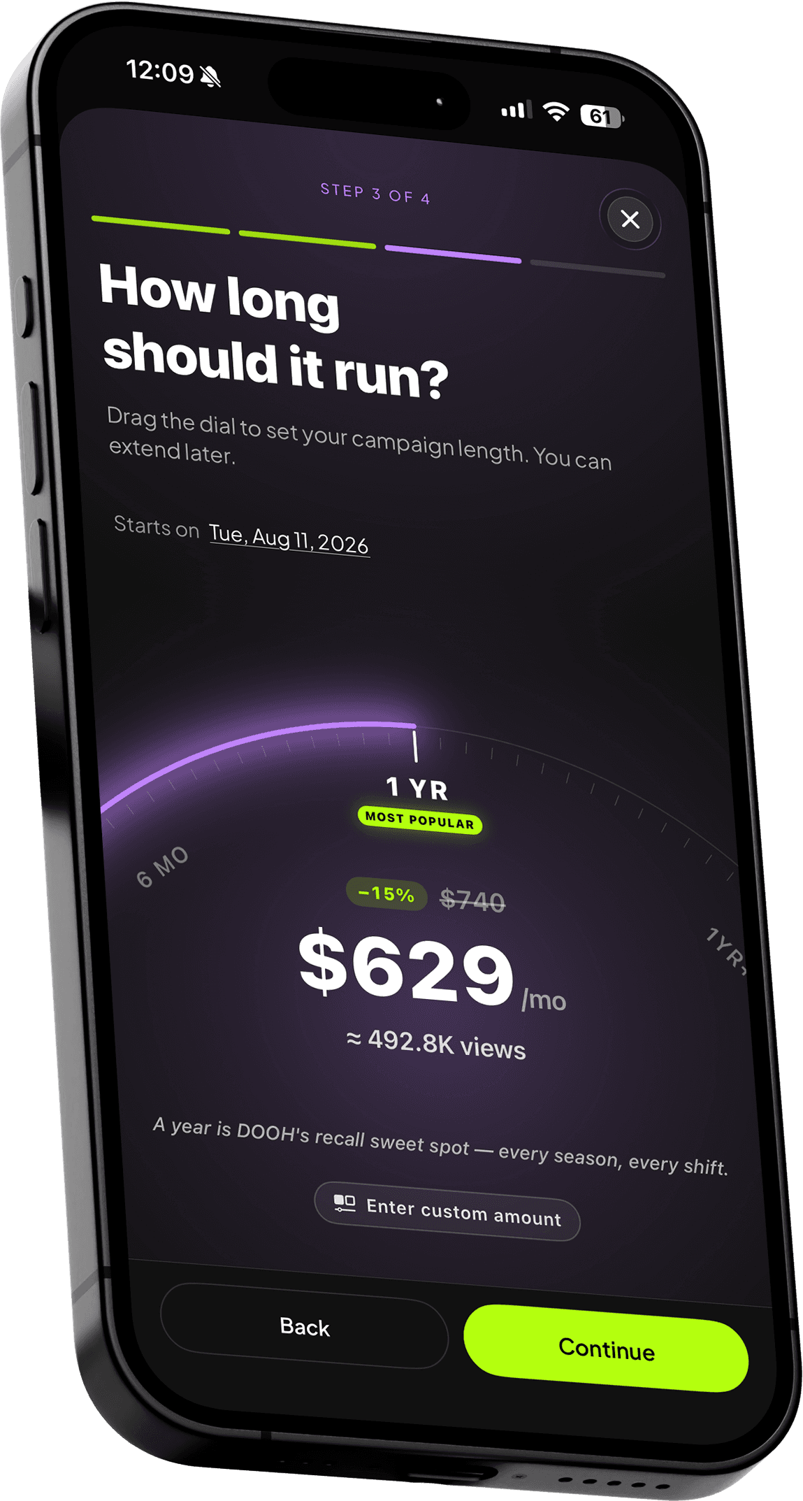 Cavline campaign setup: a dial sets campaign length, showing the monthly price and an estimated view count